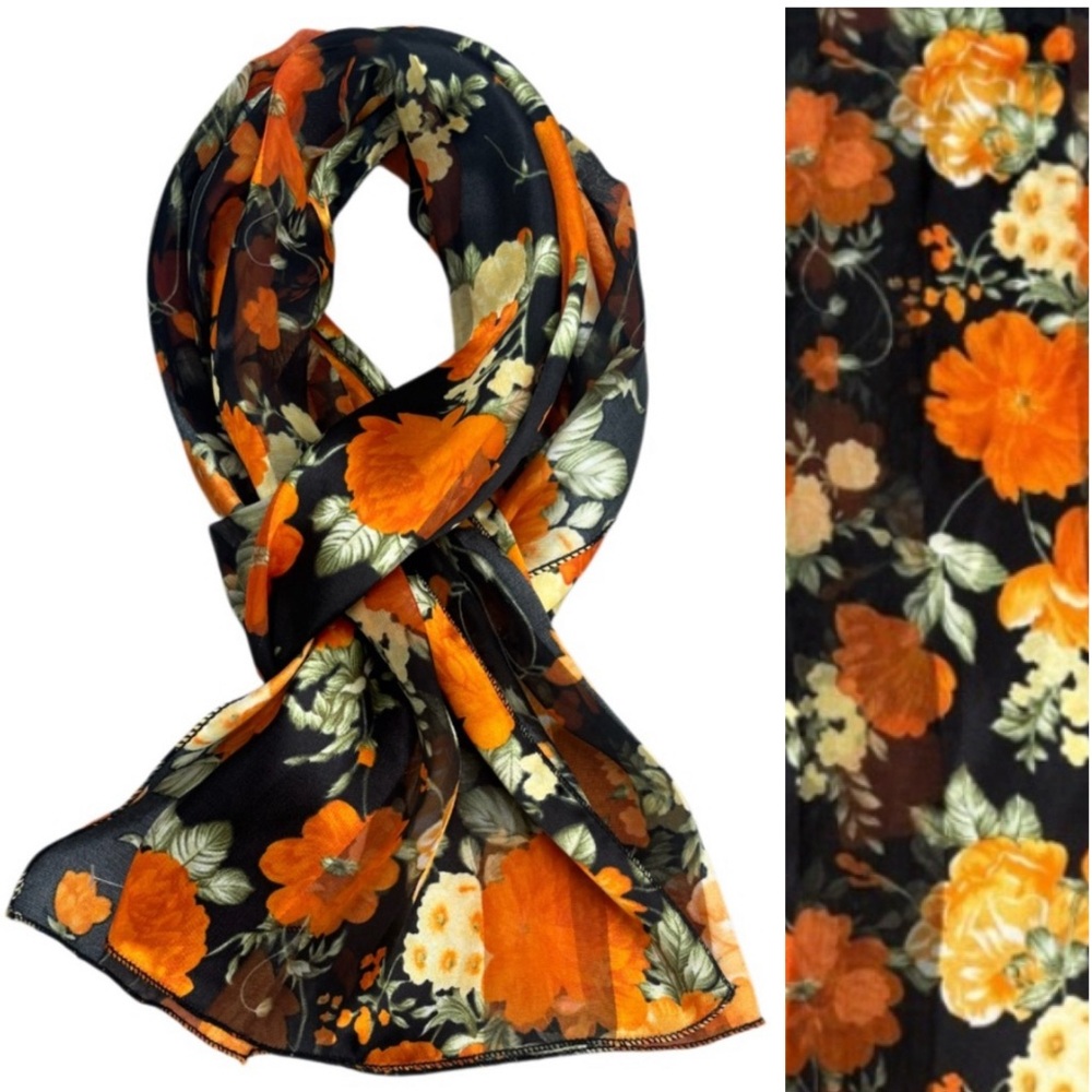 Vintage Silk Scarf Colorful Multicolor Floral Orange Black Green Vintage 80s 90s